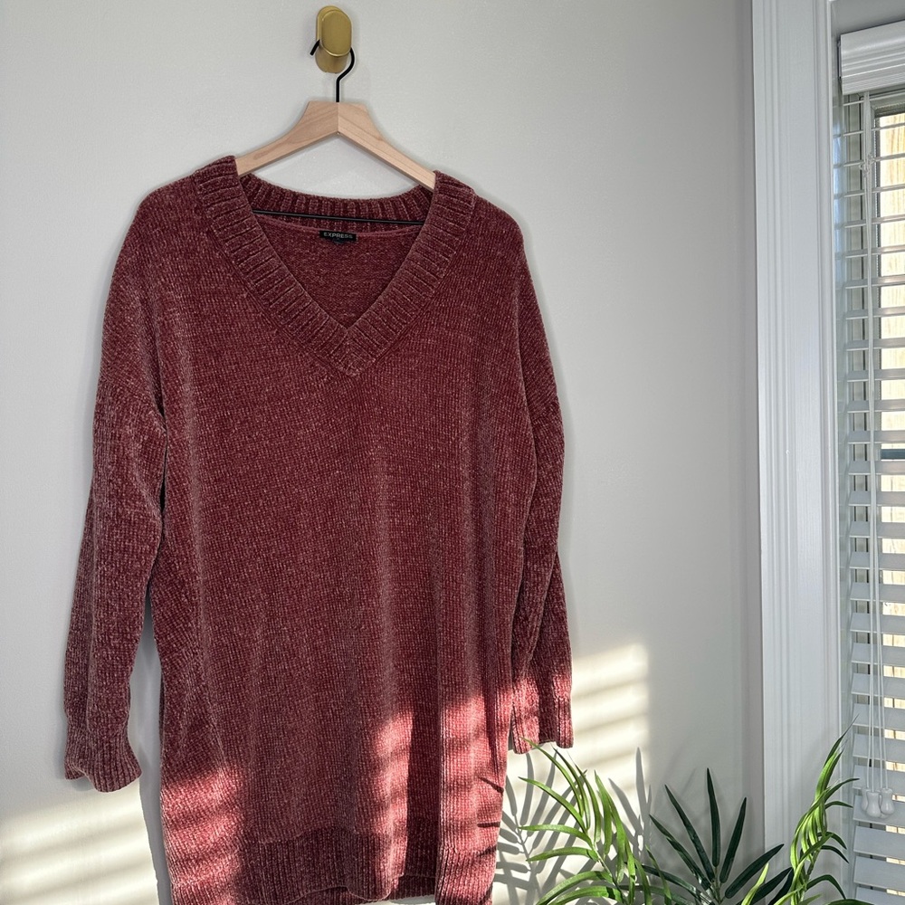 Express Chenille Mauve V-Neck Sweater Dress
